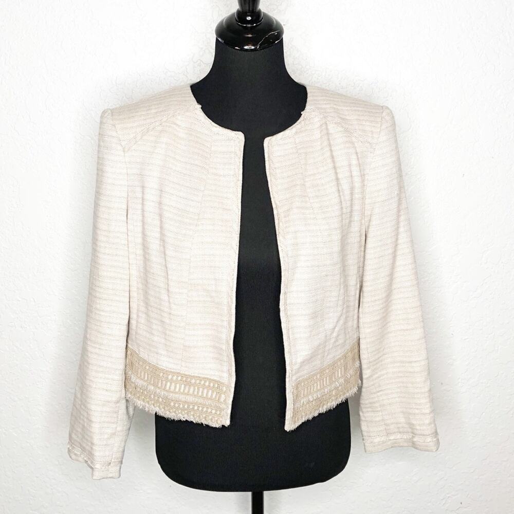 WHBM tan cream fringe trim linen blend open front blazer size 12